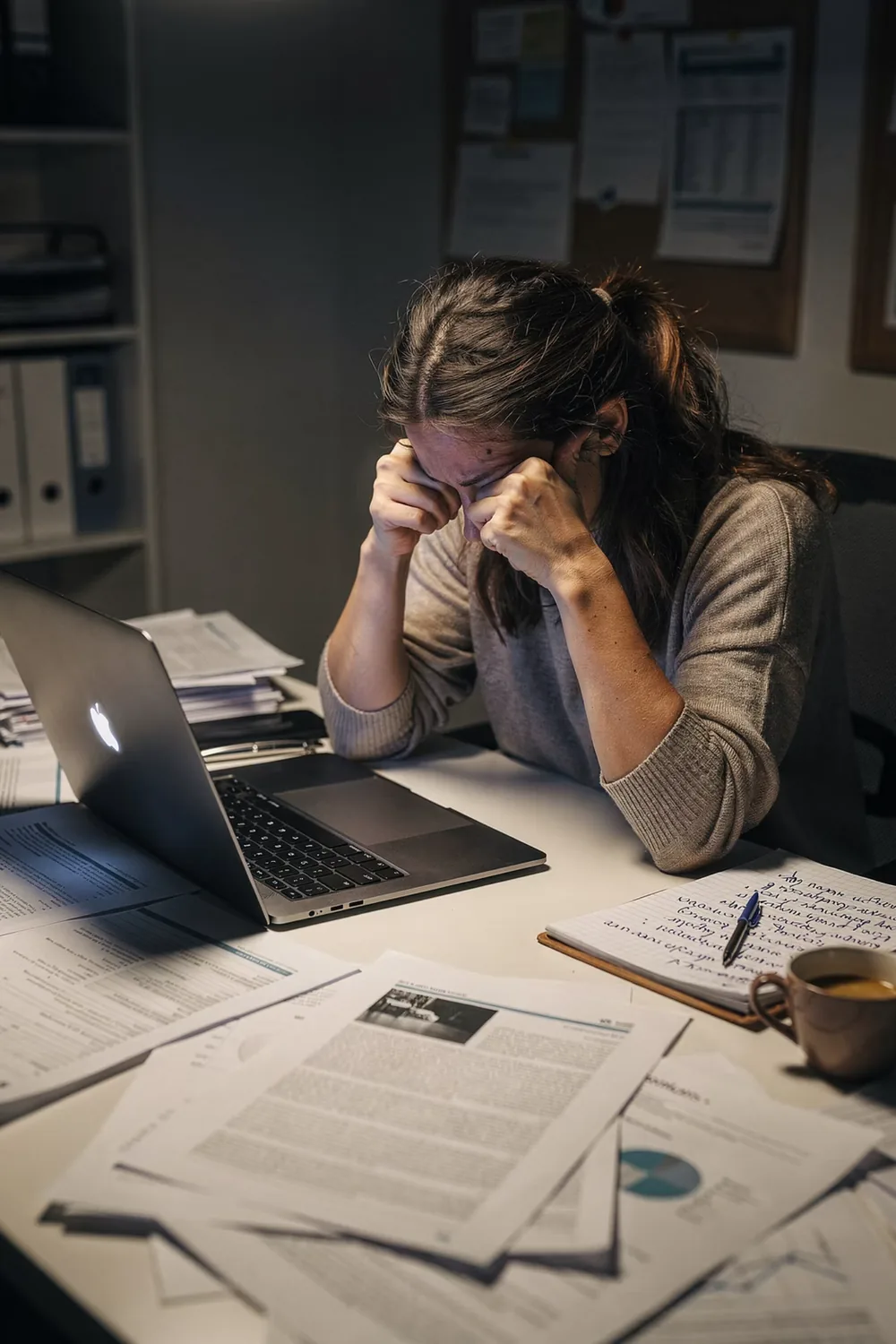 Femme épuisée à son bureau tard le soir, submergée par la charge
