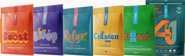 Gamme de compléments PureLink : Energy Boost, Sleep, Relax, Collagen, Digest